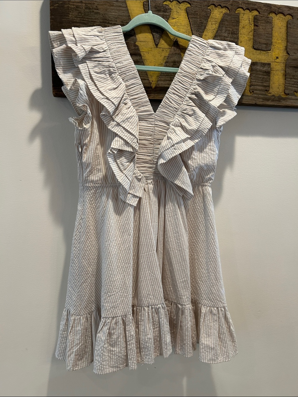 Karlie Beige and White Striped Ruffle V-Neck Mini Dress